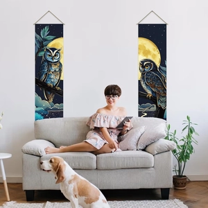 Two-piece owl and moon aesthetic wall tapestries in a modern living room setting