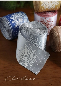 Detail of Christmas ribbons with white snowflake patterns for gift box bows and party decor
