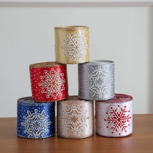 Set of six Christmas snowflake satin ribbons in various festive colors for gift wrapping
