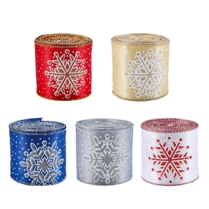 Five rolls of Christmas snowflake satin ribbons in red, gold, blue, silver, and white colors
