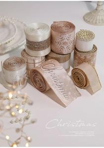 Detailed view of champagne and rose gold Christmas ribbons with glittery festive patterns