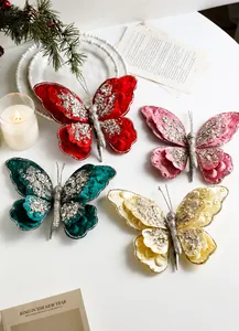 Set mit vier Samt-Schmetterlingsclips mit silbernen Pailletten für Weihnachtsbaum