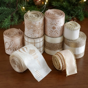 Champagne Gold Christmas Decorative Ribbon Satin Glitter Snowflake Plaid Patterns For Holiday Party Gift Wrapping Home Decor