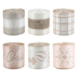 Set of 6 assorted champagne gold Christmas ribbons with Merry Christmas prints and patterns