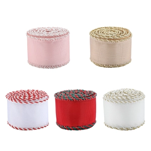 Five assorted Christmas satin ribbon rolls with decorative braided edges for gift wrapping