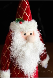 Dettaglio di Babbo Natale rosso con paillettes dorate e consistenza barba morbida