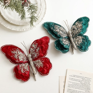 Samt-Weihnachtsschleifen-Clips mit Glitzerrand und Perlen für den Weihnachtsbaum