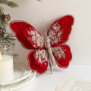 Roter Samt-Weihnachtsschmetterling mit silbernem Glitzer und Metallclip für Tannenbäume