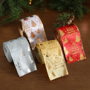 Christmas Ribbon Wired Edge Gilded Holiday Tree Letter Print Satin Fabric For Xmas Tree Decoration Gift Wrap DIY Crafts