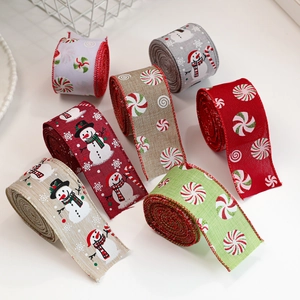 Kerst Draadrand Jute Lint Sneeuwpop Pepermunt Snoepjes Geprint Lint Voor Kerstboom Slinger Cadeauverpakking DIY Feest Decoratie