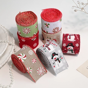 Set van 6 kerstlinten van linnen met sneeuwpop en snoepjes voor cadeauverpakking