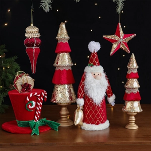 Lussuosi ornamenti natalizi in velluto rosso e paillettes dorate con Babbo Natale e alberi