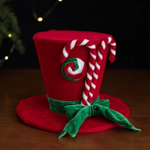 Cappello a cilindro natalizio in velluto rosso con bastoncini di zucchero e fiocco