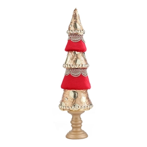 Albero di Natale da tavolo in velluto rosso con paillettes dorate e pizzo di perline