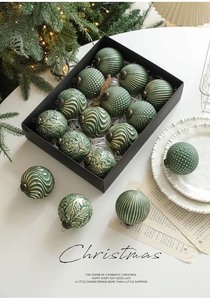 Detailed view of 16 vintage dark green and gold Christmas balls in a black gift box