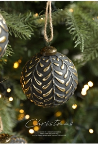 Detail of 8cm matte black and gold embossed Christmas ornament with hemp rope hanging