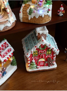 Detailed view of illuminated resin gingerbread cake shop with festive LED frosting textures