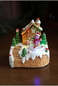 Macro shot of glowing Christmas gingerbread house with LED lights and snow-covered details
