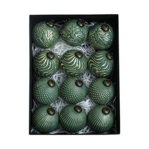 Set of 12 vintage dark green Christmas balls with gold embossed patterns in a gift box