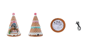 Detail showing gingerbread house bottom battery compartment and USB power cable connector