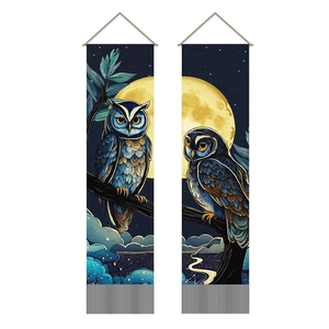 Set of two moonlight owl wall tapestries with hanging scrolls for home aesthetic decor