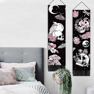 Gothic Skull Wall Tapestry Polyester Cotton Hanging Art With Tassel Wooden Rod Moon Mushroom Floral For Room Decor