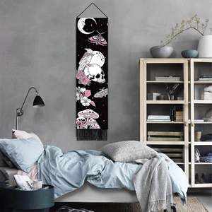 Gothic skull and floral wall tapestry with moon and moths for bedroom wall decoration