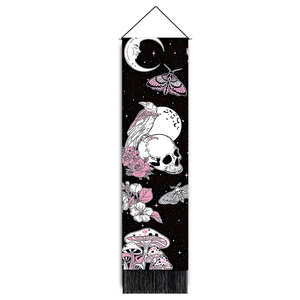 Gothic skull and raven tapestry with moon and floral patterns and black tassel fringe