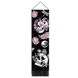 Gothic floral skull tapestry with mushrooms and dragonflies on a black background