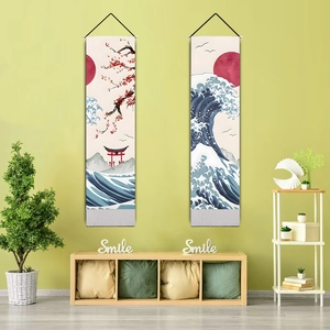 Japanese Ukiyo-e Tapestry Wall Hanging Polyester Cotton Vertical Scroll Great Wave Cherry Blossom Sun Torii Home Art Decor