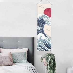Japanese Ukiyo-e wall tapestry with blue waves, red sun, and cherry blossom tassel detail