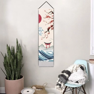 Japanese Ukiyo-e tapestry featuring a red sun, cherry blossoms, and waves for home decor