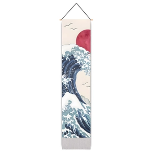 Japanese Ukiyo-e Great Wave wall tapestry with red sun and cherry blossom accents