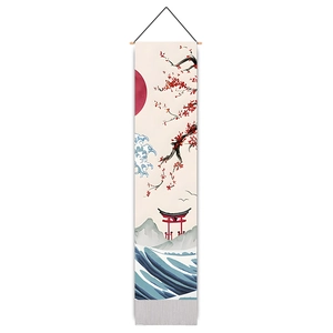 Japanese wall scroll tapestry with red sun, ocean waves, and cherry blossoms on cream canvas