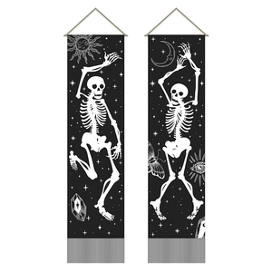 Gothic black skull tapestries with sun, moon, and fringe for bedroom wall decor