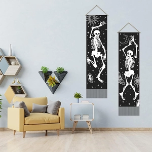 Dancing Skeleton Skull Tapestry Wall Hanging Cotton Linen Gothic Bohemian Decor Home Bedroom Living Room Wood Rod Tassels