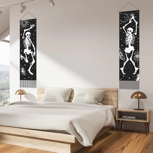 Gothic black and white skull wall tapestry set with tassels for bedroom decor