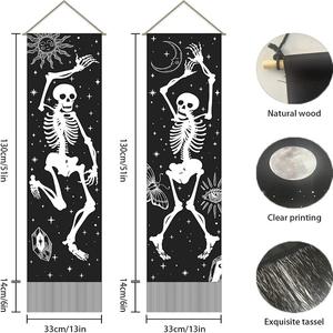 Gothic skull wall tapestry with sun and moon designs, wooden rod and elegant tassels