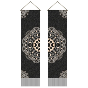 Bohemian black mandala tapestry set with geometric patterns and hanging tassels