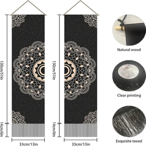 Bohemian black mandala tapestry with wooden pole and fringe for wall decoration