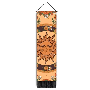 Vertikaler böhmischer Wandteppich mit Sonnenmotiv Gänseblümchen und schwarzen Fransen