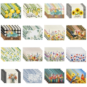 Linen Placemats Heat Resistant Washable Table Mats Kitchen Dining Decoration Sunflower Lemon Floral Print Farmhouse Style Home Decoration Accessories