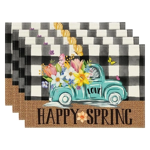 Set of 4 linen placemats featuring vintage truck with spring flowers and buffalo plaid