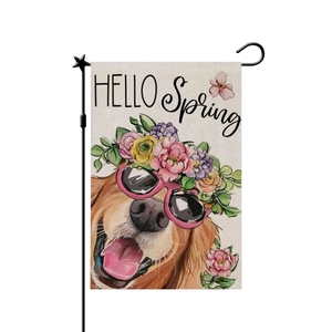 Detailed view of Hello Spring garden flag with golden retriever and floral wreath