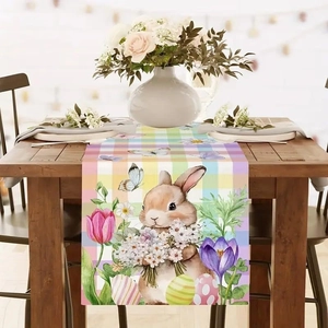 Easter rabbit table runner with colorful plaid and floral patterns for spring home decor