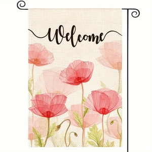 Double-sided floral garden flag with pink poppies and Welcome text on metal stand