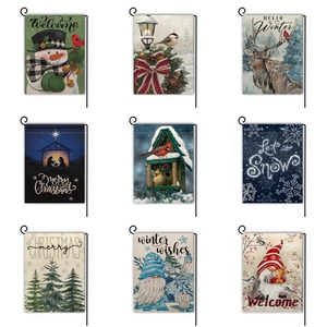 Drapeau de Jardin de Noël en Lin Double Face Bonhomme de Neige Renne Hiver Vacances Décoration de Cour Extérieure Bannière Suspendue