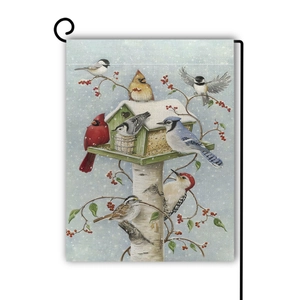 Drapeau de jardin de Noël avec oiseaux d'hiver et nichoir sur lin double face durable