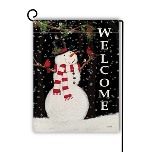 Drapeau de jardin bonhomme de neige avec texte Welcome, oiseaux rouges et support en métal