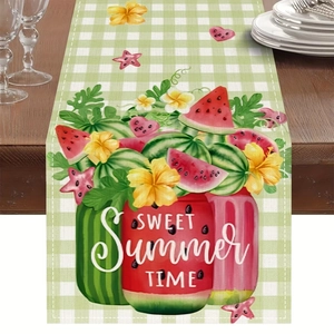 Detail of sweet summer table runner with watermelon and sunflower on green plaid